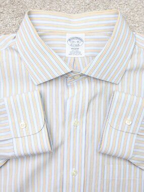 Brooks Brothers Shirt Mens 17 1/2, 35 Yellow/Blue Regent Non-Iron Supima Cotton